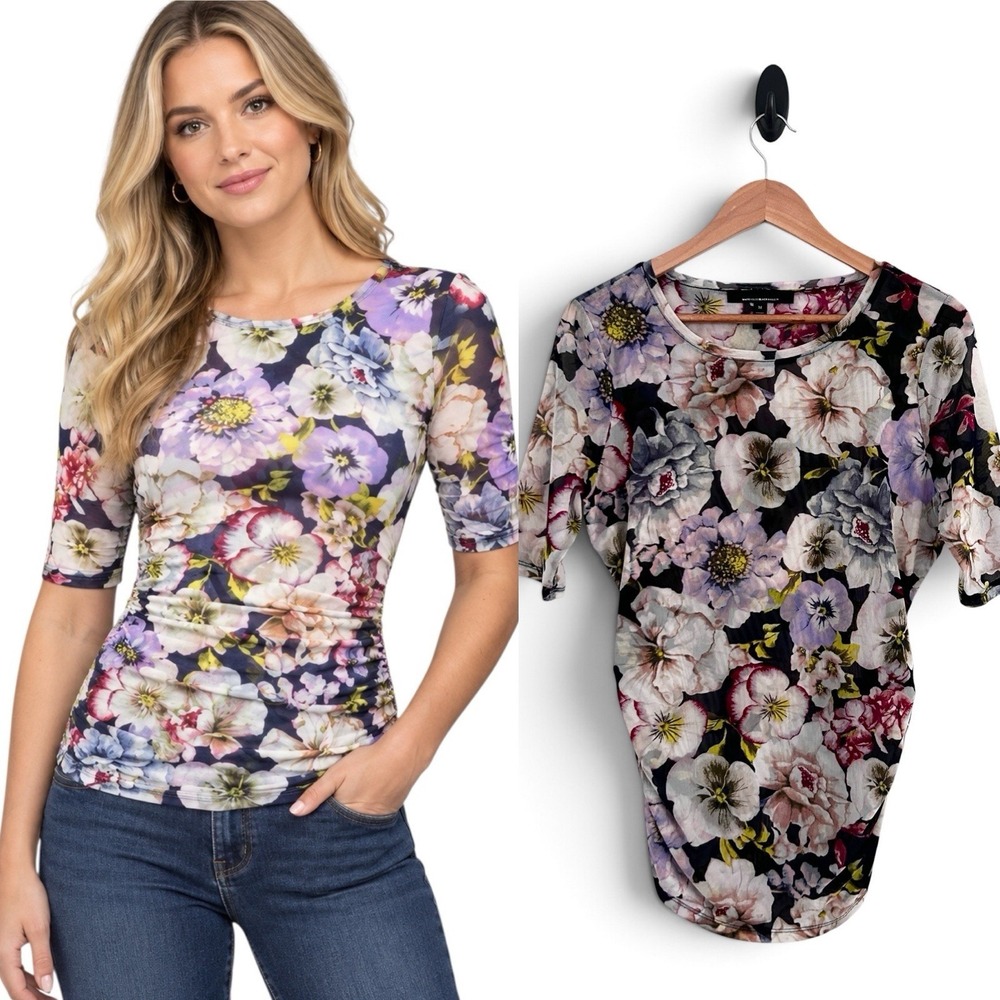 White House Black Market Women's Medium Multicolor Floral Mesh Short Slv Top NEW